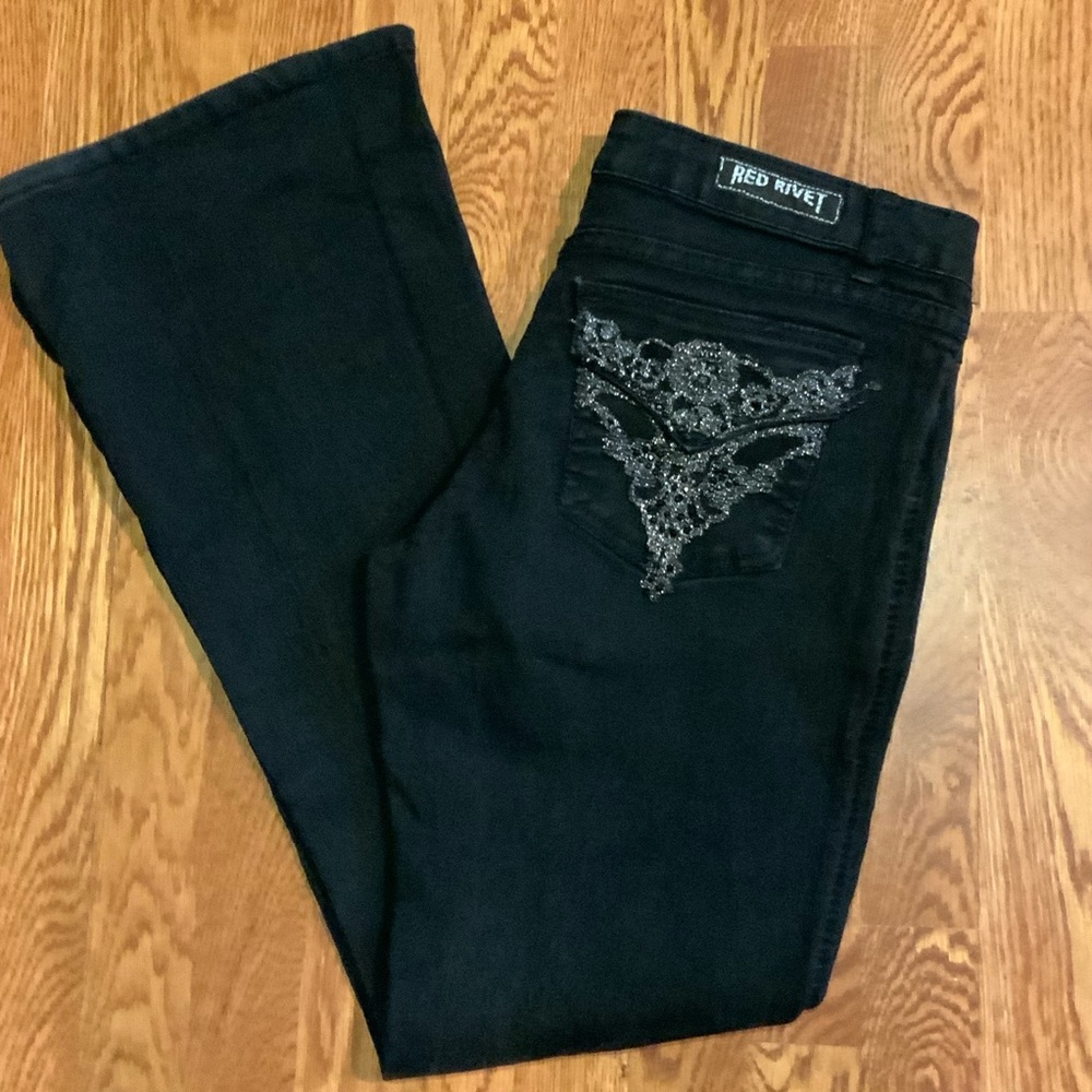 Red Rivet Bling Pockets Beads And Embroidery #Gw - image 1